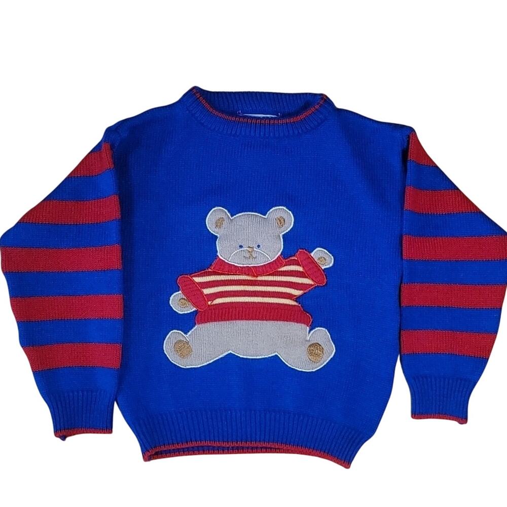 Vintage Blue Red Bear Kids Sweater Size 3T 100% Acrylic Cozy Retro 80's